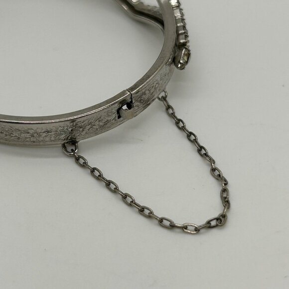 Vintage Silver-Tone Hinged Bangle Bracelet With Rhinestone Accents & Safety Chai - Picture 6 of 13